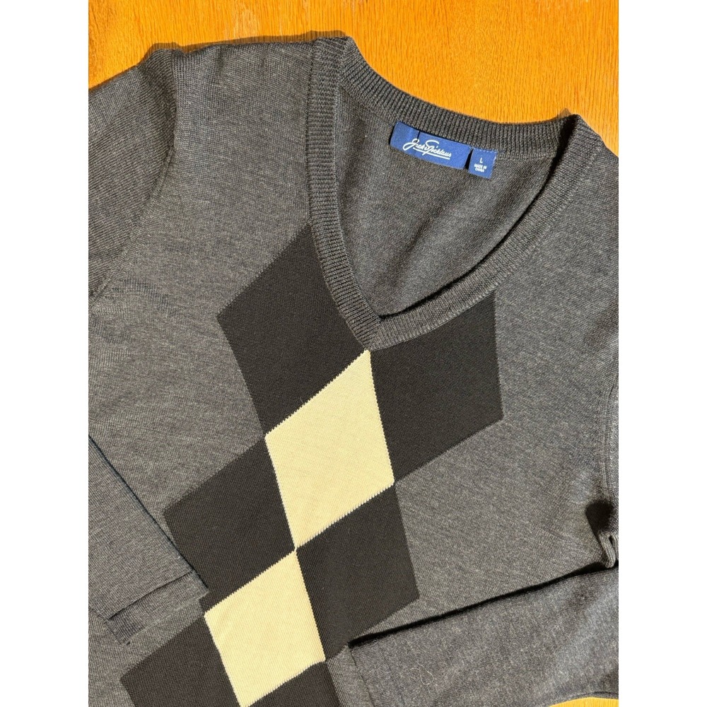 Jack Nicklaus Sweater Mens L Gray Merino Wool Argyle V‎ Neck Golf Pullover